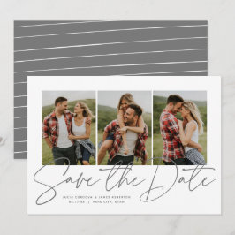 Modernes, stilvolles Drehbuch mit drei Fotos Save The Date