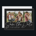 Modernes, stilvolles Drehbuch mit drei Fotos Schwa Save The Date<br><div class="desc">Mit drei senkrechten Fotos und einem modernen Drehbuch "Save the Date" ist diese Karte der perfekte Weg, um Ihre Verlobung und kommende Hochzeit zu Freunden und Familie anzukündigen. Der schicke weiße Text ist fett und modern, aber dennoch raffiniert. Der anpassbare Text auf der Vorderseite hat Platz für Namen, Datum, Ort...</div>