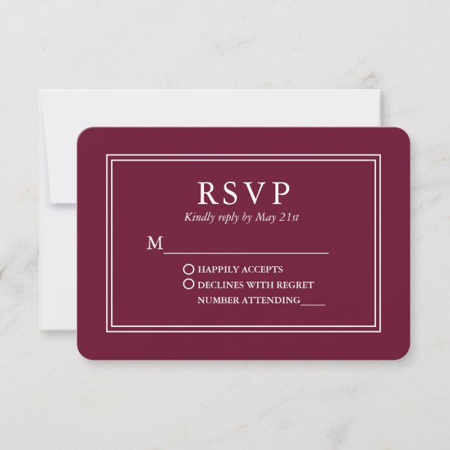 Modernes, stilvolles Hochzeitburgund RSVP Karte (Vorderseite)