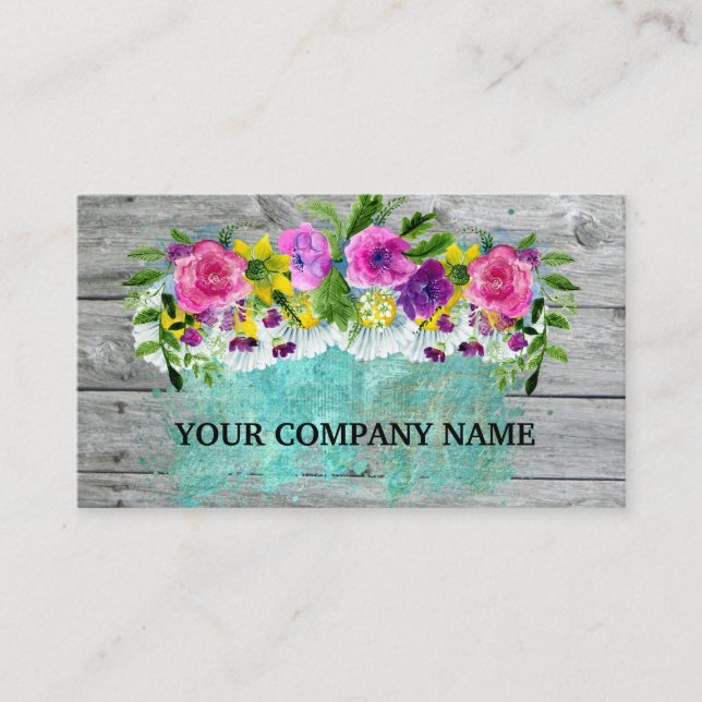 Modernes, stilvolles Holz Floral Türkis Wasserfarb Visitenkarte (Vorderseite)