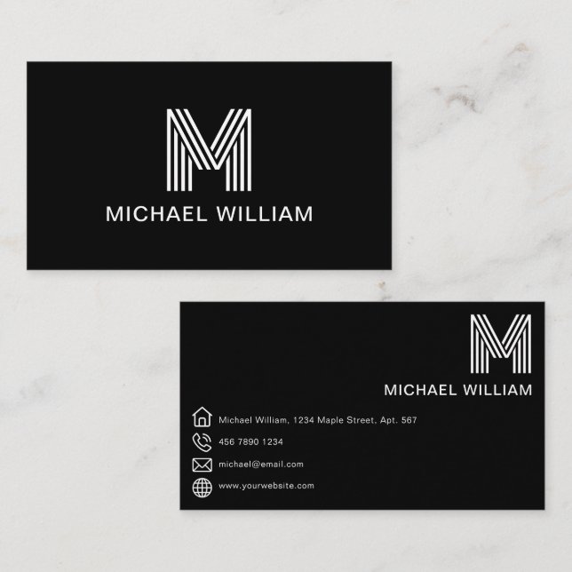 Modernes, stilvolles Monogram Simple Sleek Black Visitenkarte (Vorne/Hinten)
