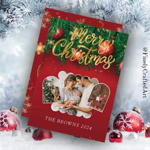 Modernes, stilvolles Red Gold Christmas Family Fot Feiertagskarte