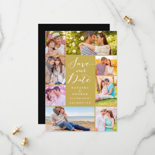 Modernes, stilvolles Script 8 Multi-Foto Save the  Date (Vorderseite/Rückseite Beispiel)