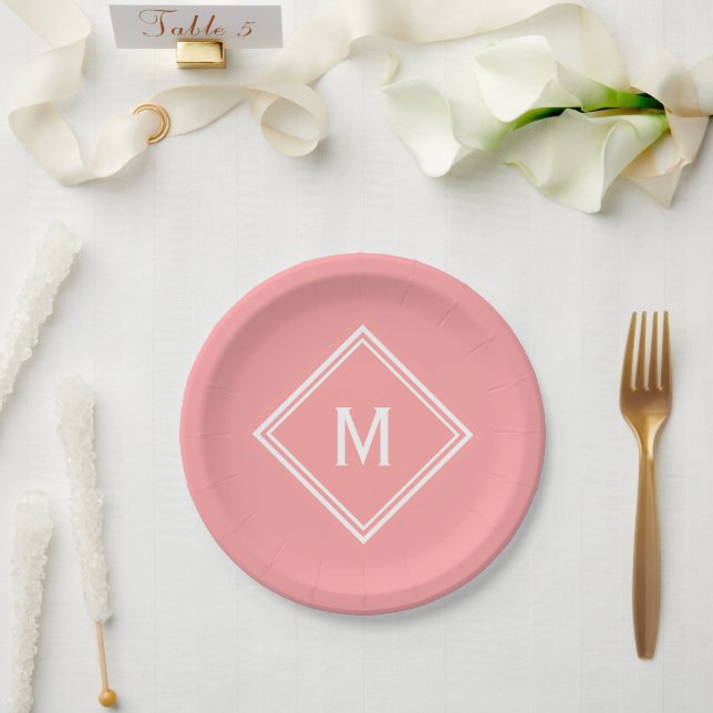 Modernes, stilvolles Watermelon Pink Custom Monogr Pappteller (Hochzeit)