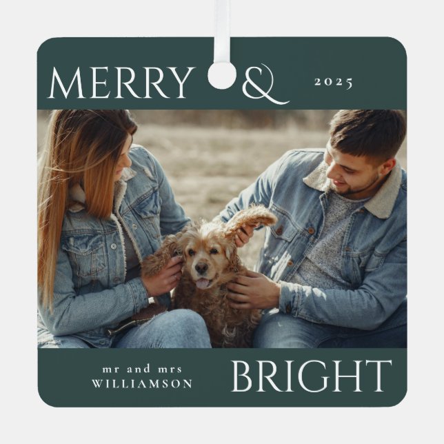 Modernes stilvolles Weihnachtsfamiliengrün Foto Ornament Aus Metall (Vorderseite)