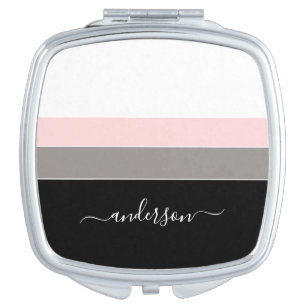 Modernes Strip Schwarz Pink personalisieren Taschenspiegel
