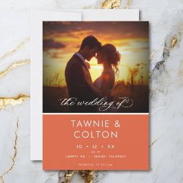 Modernes Sunset Orange Script Foto Minimal Wedding Folieneinladung