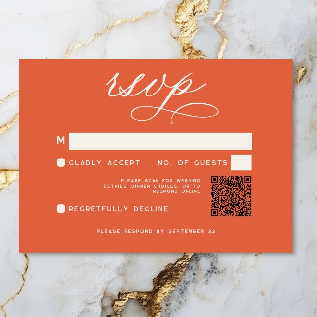 Modernes Sunset Orange Script Minimal Wedding QR RSVP Karte (Modern Sunset Orange Script Minimal QR Code RSVP Card)