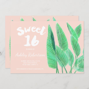 Modernes, süßes 16 tropisches Blattrosa Einladung