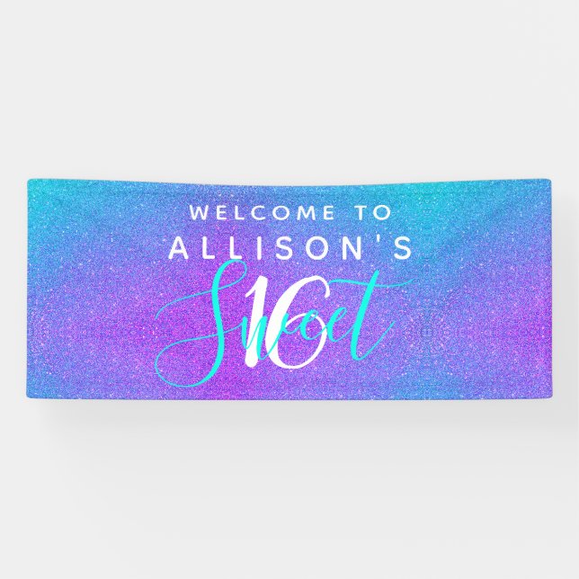 Modernes Sweet 16 Aquamariner Lila Glitzer Persona Banner (Horizontal)