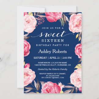 Modernes Sweet 16 Birthday Navy Blauer Blumenreath Einladung