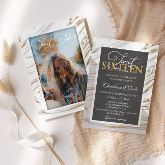 Modernes Sweet 16 Gold Marmor Grau Foto Einladung