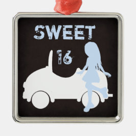 Modernes Sweet 16 Silhouetten Girl and Car Silbernes Ornament