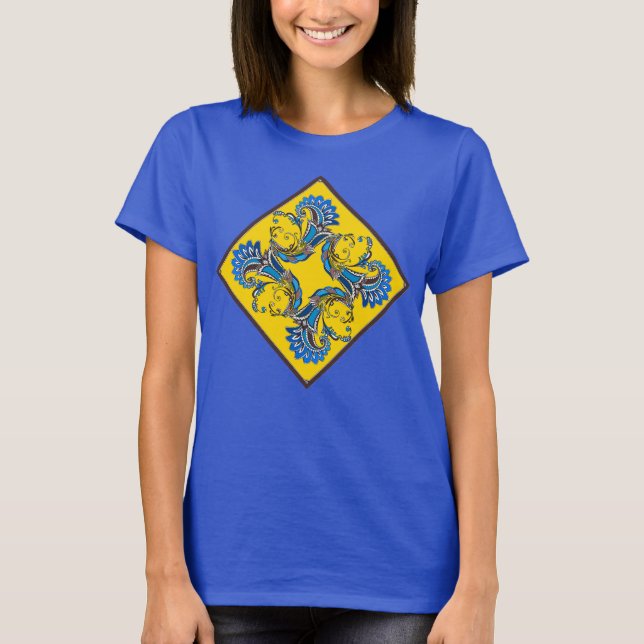 Modernes T-Shirt mit sonniger blaugelber Bauweise (Vorderseite)