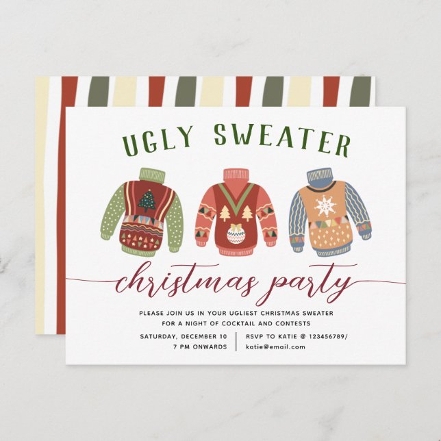 Modernes Tacky Ugly Sweater Weihnachts-Party Einladungspostkarte (Vorne/Hinten)