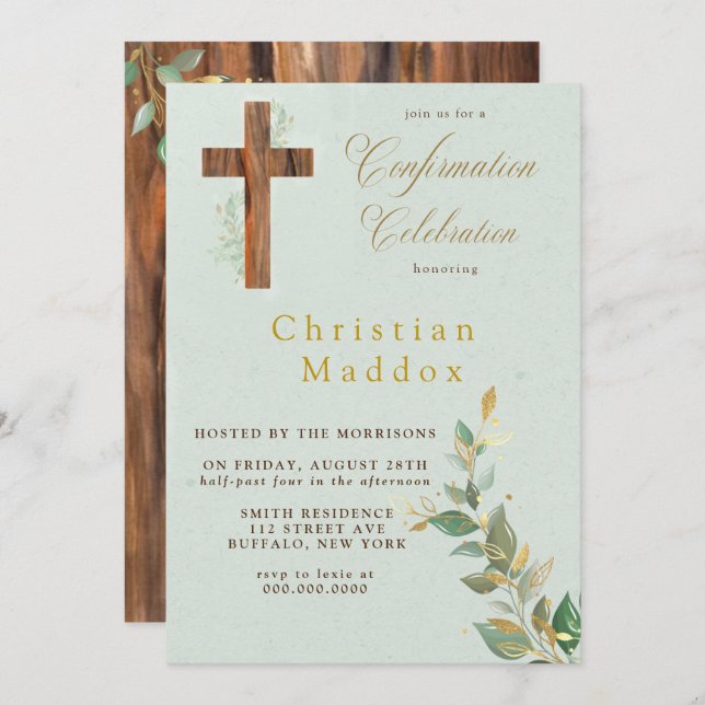 Modernes Tan WoodIch bin Cross Gold Bestätigung Einladung (Vorne/Hinten)