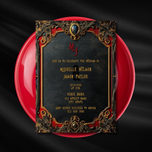 Modernes Tarot Gothic Black and Gold Monogram Einladung (black, gold and red gothic medieval wedding invitation)