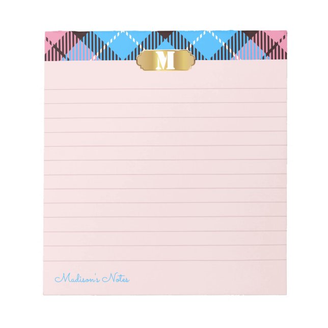 Modernes Tartan Golden Monogram Script Apricot Lin Notizblock (Vorderseite)