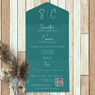 Modernes Teal-Minimal-Monogramm-QR-Code All In One Einladung