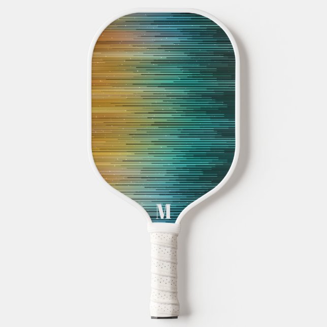 Modernes Techno-Screen Blau-Gelbe Monogramm Pickleball Schläger (Vorderseite)