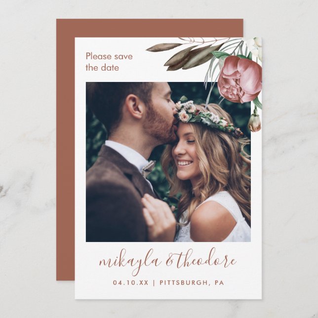 Modernes Terracotta Boho Foto Hochzeit Save The Date (Vorne/Hinten)
