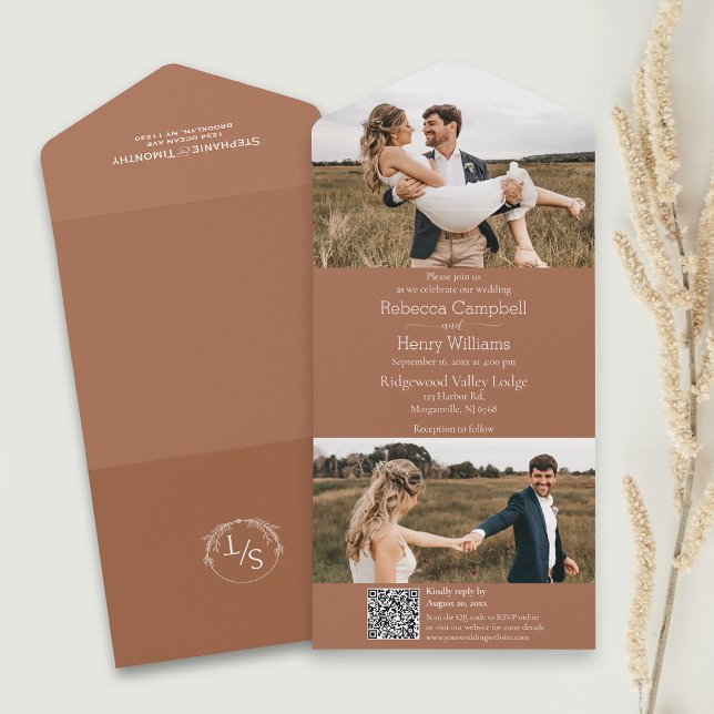 Modernes Terracotta-Foto | Monogramm | QR-Code All In One Einladung (Simplify your wedding with our all-in-one invitation – convenience and beauty in a single card.)