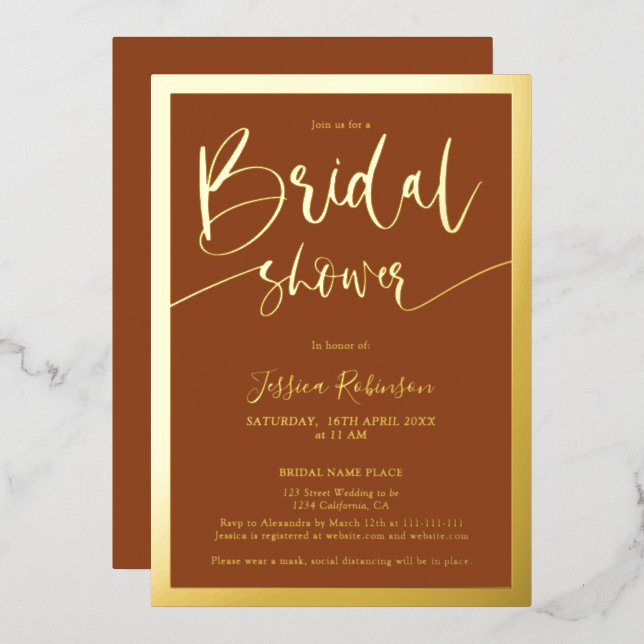 Modernes Terracotta-Skript-trendy Brautparty Folieneinladung (Vorderseite/Rückseite)