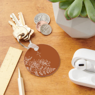 Modernes Terrakotta-Monogramm-Blumenmuster Schlüsselanhänger