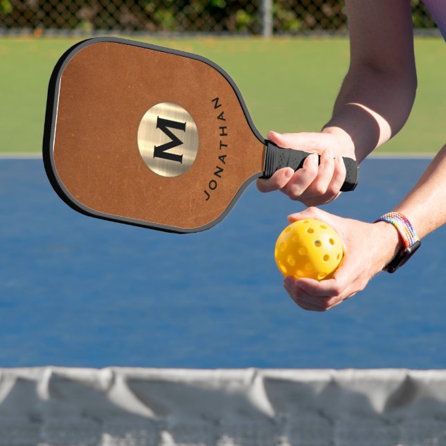 Modernes, tragbares Leder Gold Classic Monogramm Pickleball Schläger (InSitu)