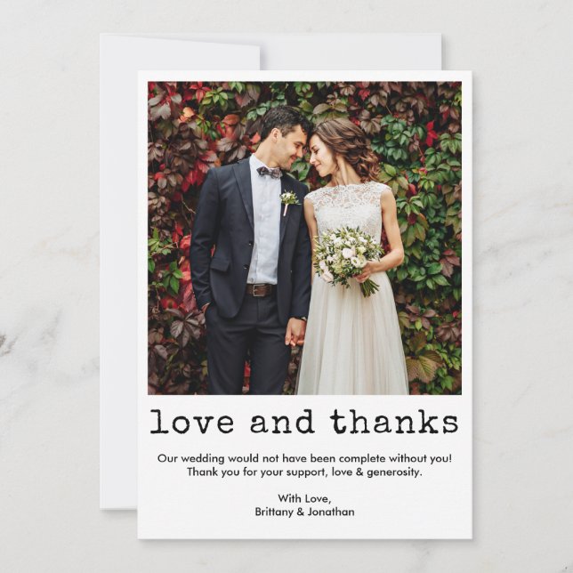 Modernes, trendige Schreibmaschine Foto Hochzeit Dankeskarte (Vorderseite)