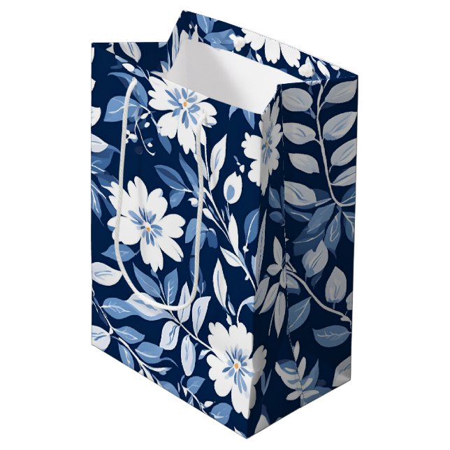 Modernes trendiges Blue White Chinoiserie Blume Pa Mittlere Geschenktüte (Vorderseite Schrägansicht)