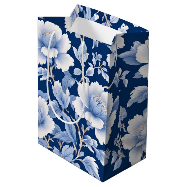 Modernes trendiges Blue White Chinoiserie Blume Pa Mittlere Geschenktüte (Rückseite Schrägansicht)