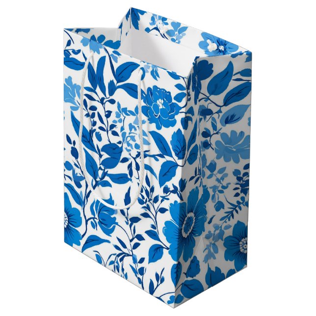 Modernes trendiges Blue White Chinoiserie Blume Pa Mittlere Geschenktüte (Rückseite Schrägansicht)