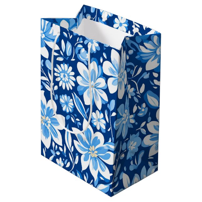 Modernes trendiges Blue White Chinoiserie Blume Pa Mittlere Geschenktüte (Rückseite Schrägansicht)