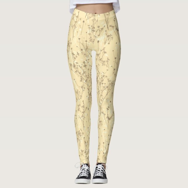 Modernes, trendiges Creme Beige Wildblume Muster Leggings (Vorderseite)