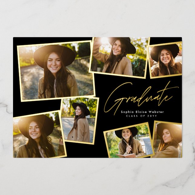 Modernes, trendiges Diplom 7 Foto Abschluss Folieneinladung (Vorderseite)