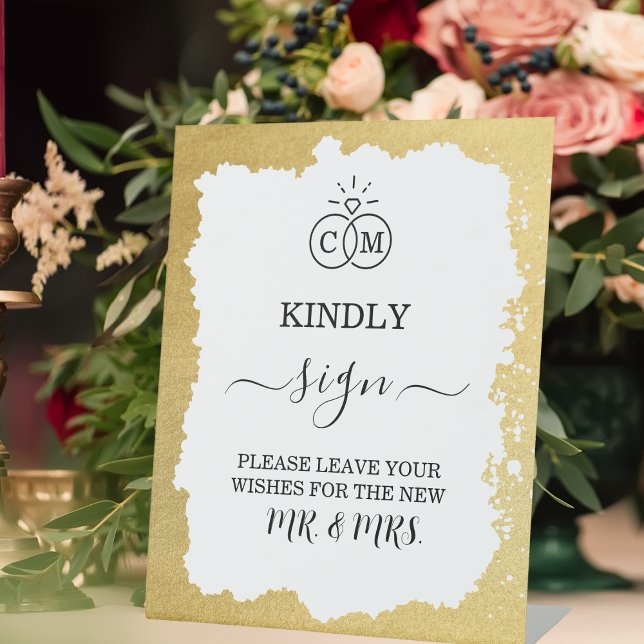 Modernes, trendiges Gold Frame Wedding Gästebuch Sockelschild (Von Creator hochgeladen)