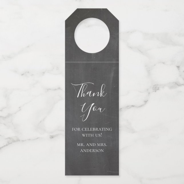 Modernes, trendiges Grau. Chalkboard Hochzeit dank Flaschenanhänger (Vorderseite)