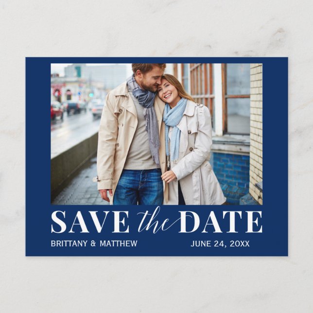 Modernes trendisches Foto Navy Blue Save the Date Postkarte (Vorderseite)