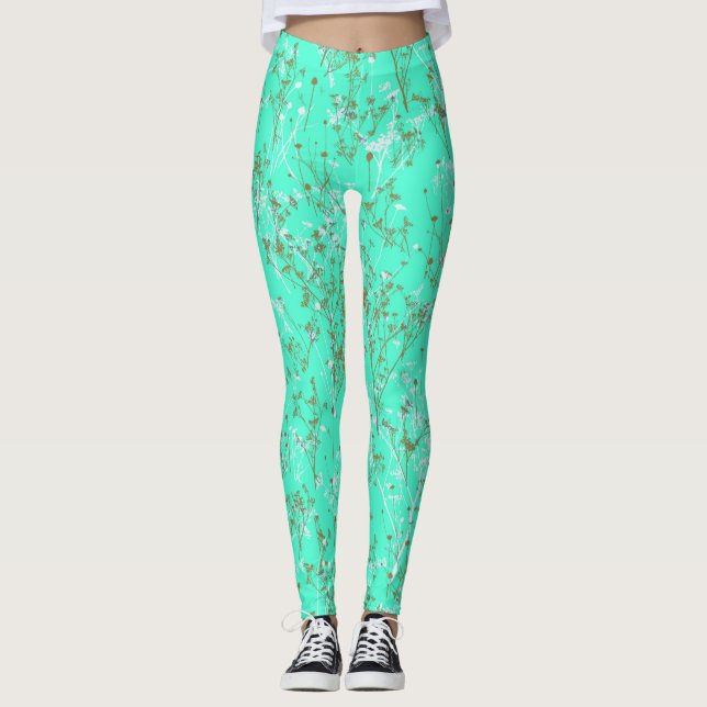 Modernes Trendy Aqua Blue Wildblume Pattern Leggings (Vorderseite)