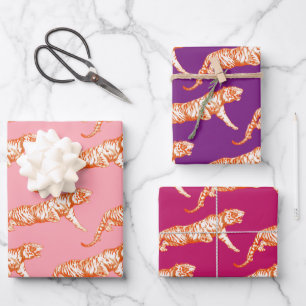 Modernes, trendy Bright Orange Tiger Pink Lila Geschenkpapier Set