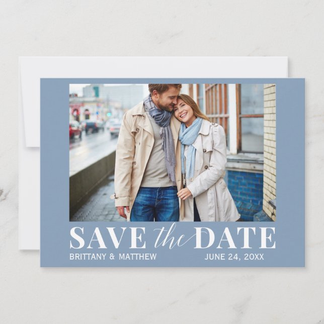 Modernes Trendy Foto Dusty Blue Save The Date (Vorderseite)