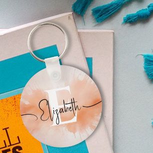 Modernes Trendy Peach Fuzz Watercolor Chic Monogra Schlüsselanhänger