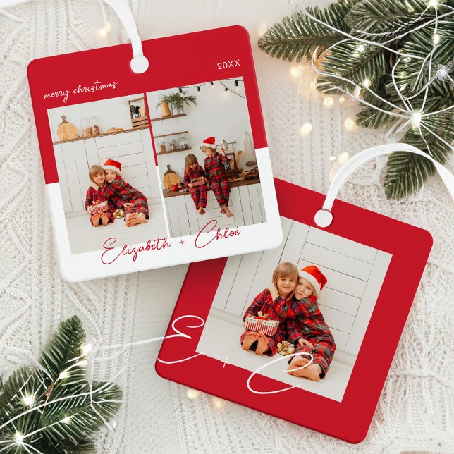 Modernes, trendy, rotes und weißes Foto Monogram 3 Ornament Aus Metall (Modern Trendy Red & White Name Monogram 3 Photo Metal Ornament)