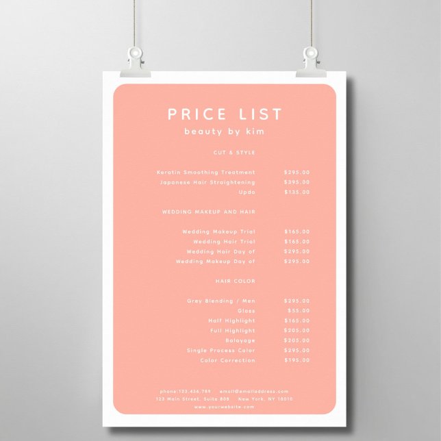 Modernes, trendy, Salon Price List Poster (Modern, simple, salon price list, peach - white. Prints & instant downloads.)