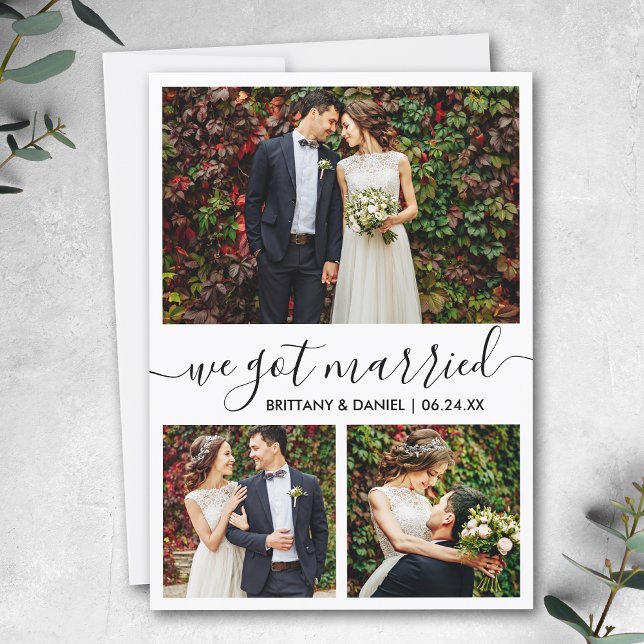 Modernes, trendy Script 3 Foto Wir Got Verheiratet Ankündigung (Customize to add text or more photos to back of card.)