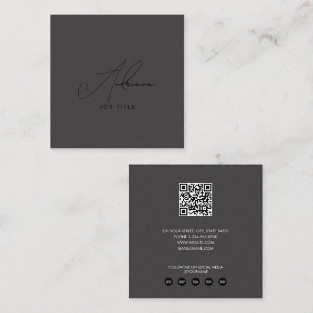 Modernes, trendy Script Black Social Media QR Code Quadratische Visitenkarte (Vorne/Hinten)