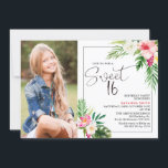 Modernes tropisches Foto Einladung<br><div class="desc">Modernes tropisches Foto mit floralen und blühenden Sommerküchen Sweet 16 Geburtstag Einladung Sweet und farbenfroh sommerlich tropisch geblümte 16 Geburtstags Einladung mit zwei wunderschönen Blumenarrangements mit Hibiskus Blume und tropischem Blattwerk. Diese süße 16-Geburtstagseinladung enthält auch ein Foto und ein modernes Kalligraphie-Titelbild,  das abnehmbar ist.</div>