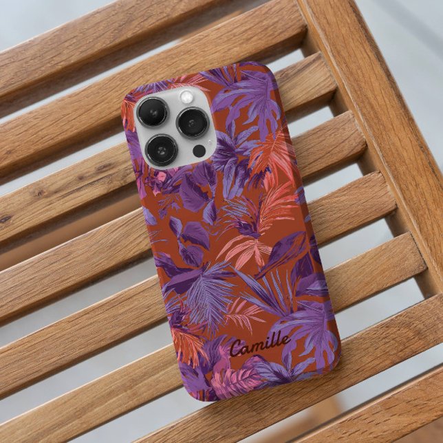Modernes tropisches Leaf Lila Case-Mate iPhone Hülle (Modern Jungle Tropical Palm Leaf Red Purple Personalized Case-Mate iPhone Case)