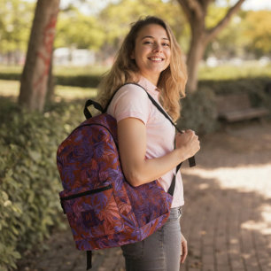 Modernes, tropisches Leaf-rotes Lila Monogramm-Des Bedruckter Rucksack